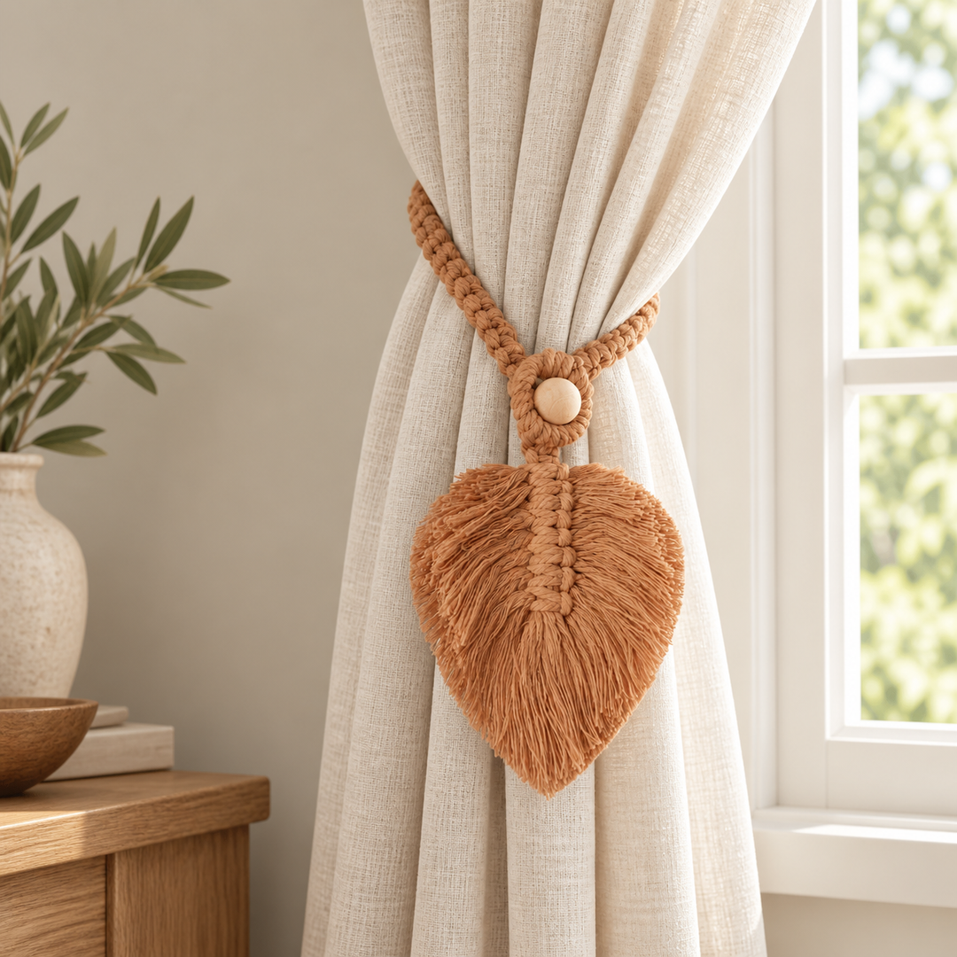 Holding back a cream curtain beside a window, macrame leaf holdbacks in 6 colors