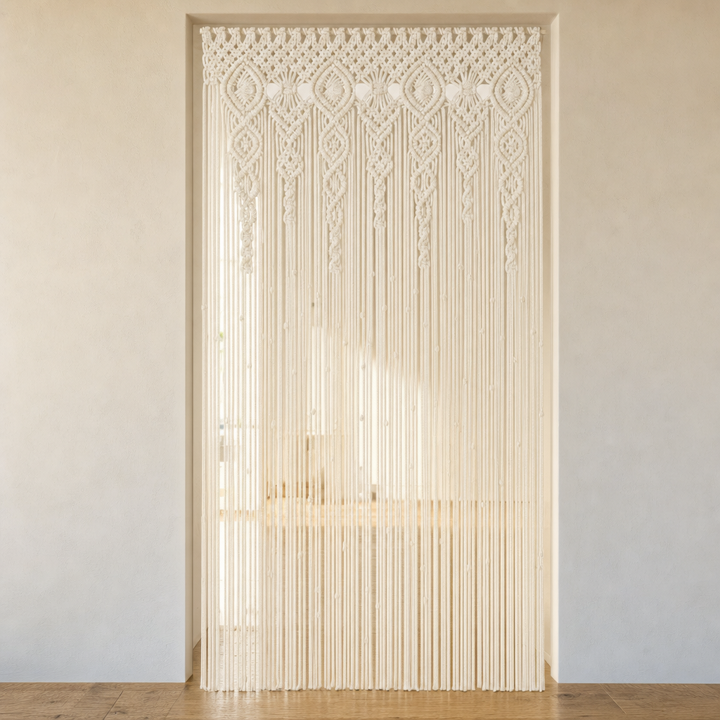 Macrame Door Curtain, 2 Patterns, 90 to 150 cm Wide hung in a doorway, floor to lintel