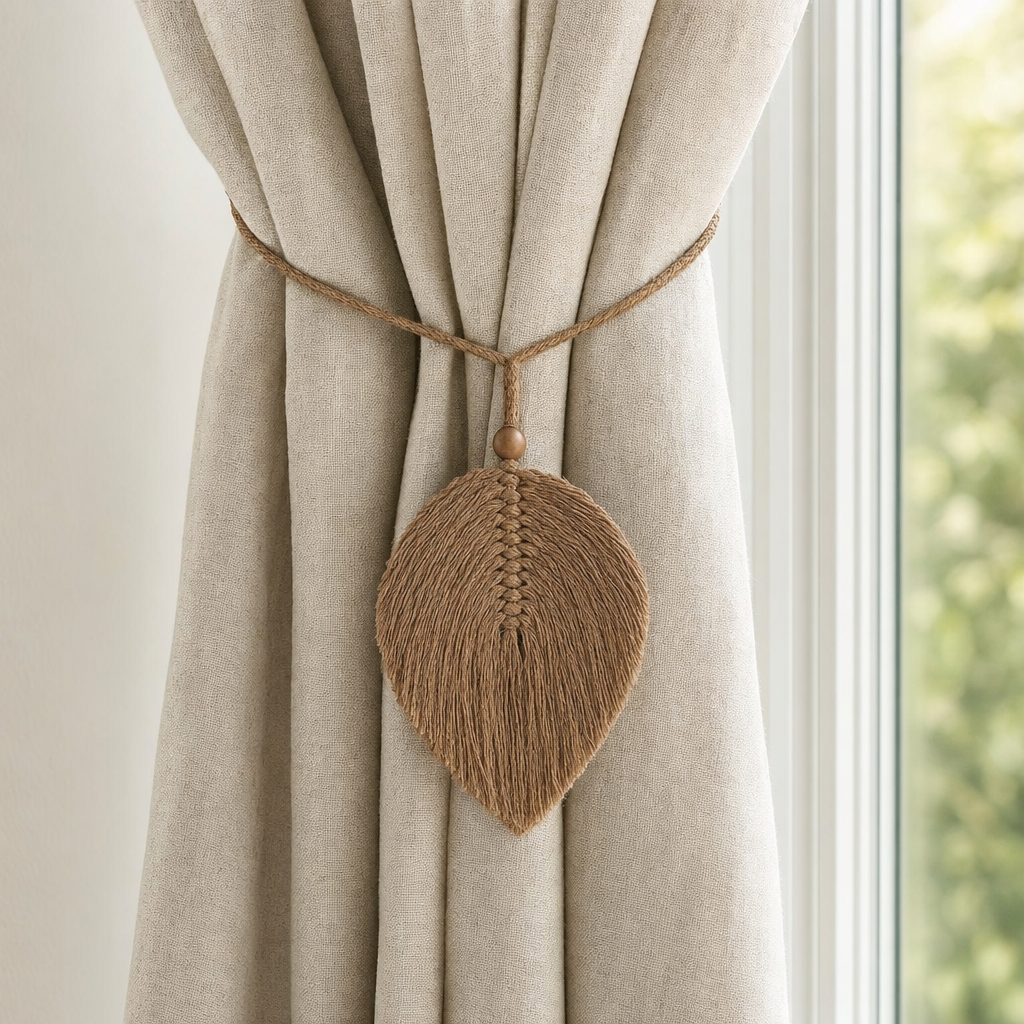 Macrame Leaf Curtain Tieback, Single or Pair wrapped around a gathered curtain panel at a window, holding it back
