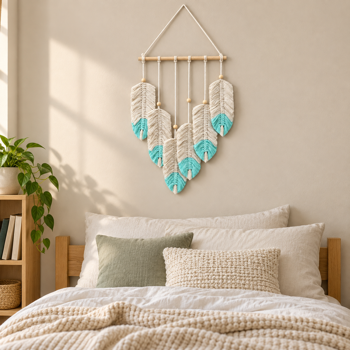 Turquoise tipped feather wall hanging above a single dorm bed