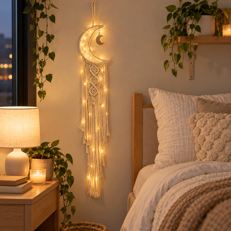Lit cream moon dream catcher hanging beside a dorm bed at night with plants