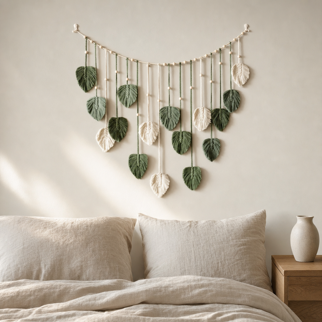 Woven Leaf Garland Wall Hanging, Green or Coffee hung on the wall above a bed