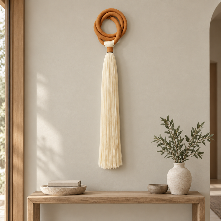 Entryway above a console table, terracotta ring and long tassel