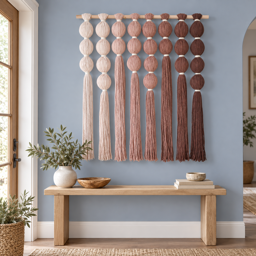 Entryway above a wooden bench, wrapped sphere grid in blush, wrapped yarn spheres, white binding cord