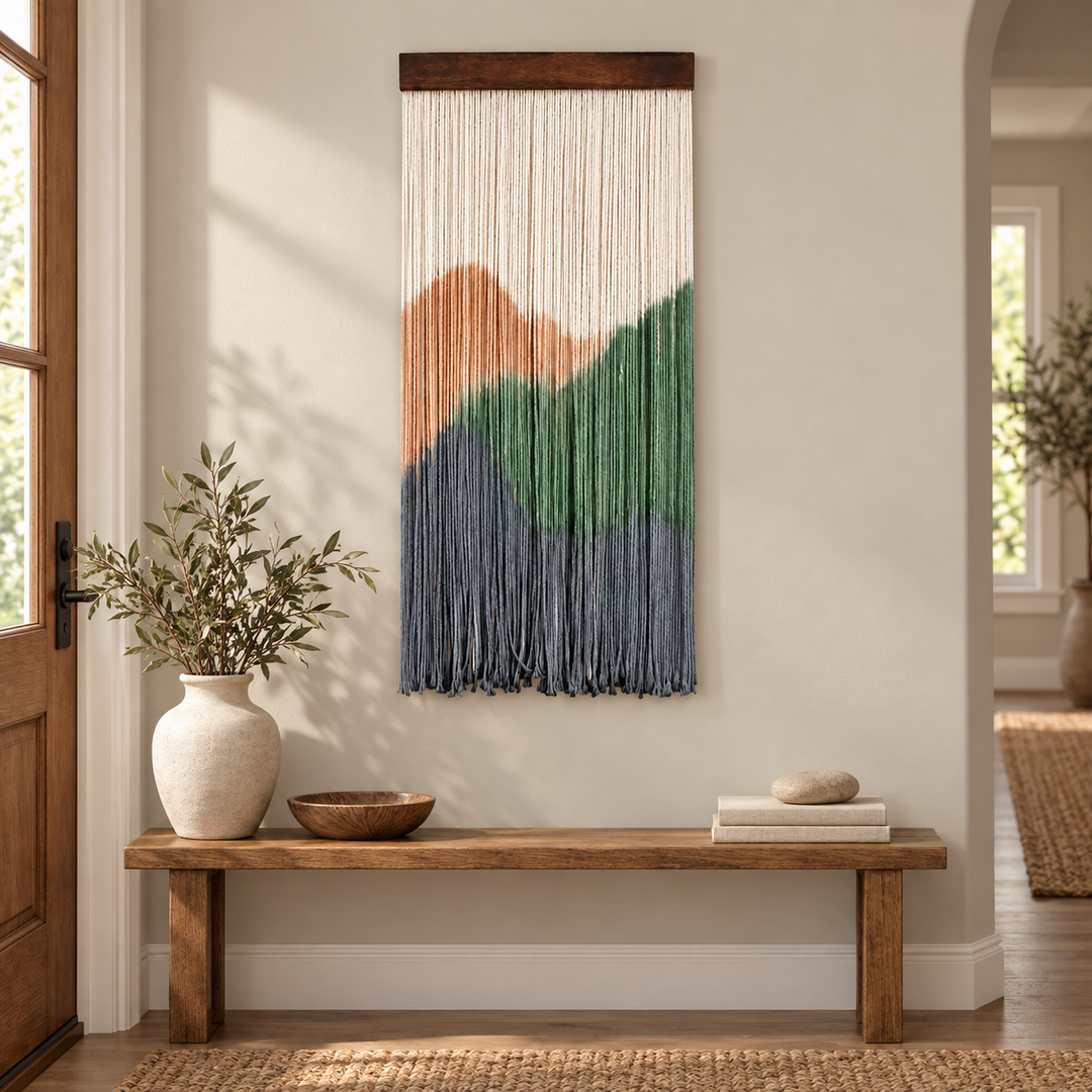 Portrait dip dye landscape wall hanging above a wooden bench in an entryway