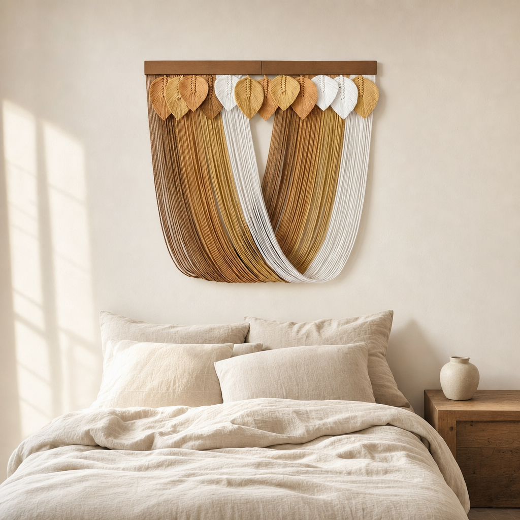 Gradient Macrame Wall Hanging, 7 Designs and 3 Sizes hung on the wall above a bed
