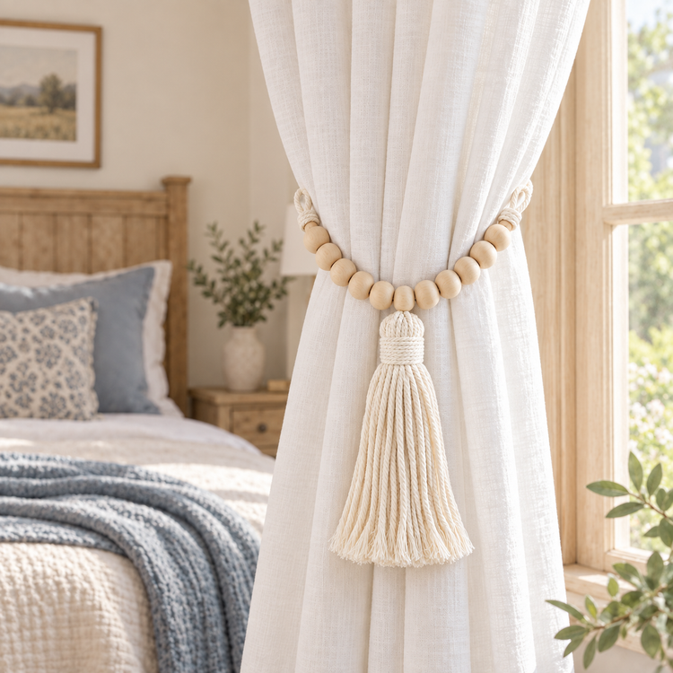 Beaded macrame tie back holding a white curtain in a farmhouse bedroom