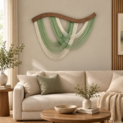 Hotel living room above a sofa, crossed swags in four colors