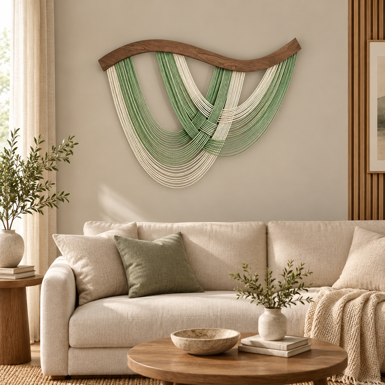 Hotel living room above a sofa, crossed swags in four colors