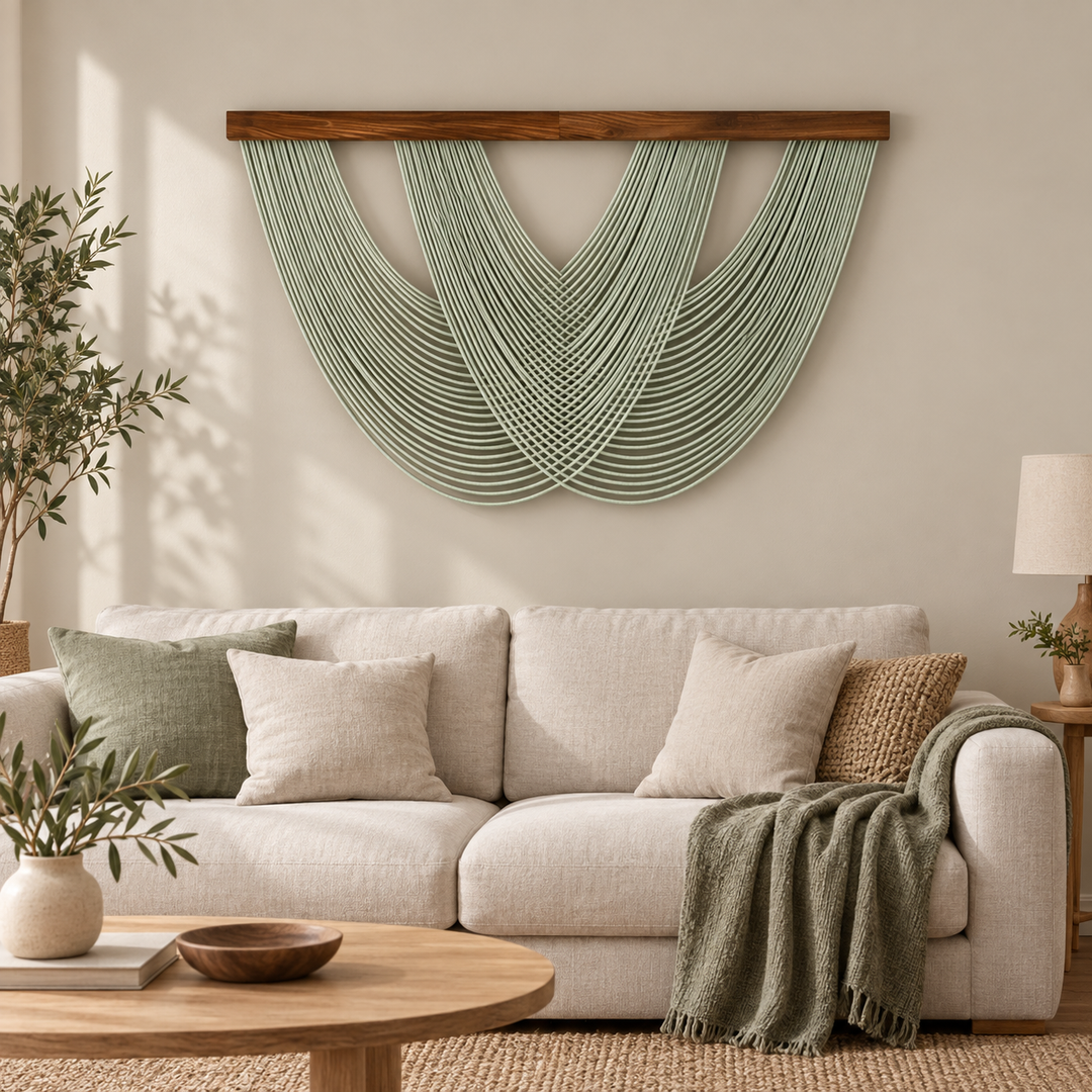 Living room above a sofa, woven lattice swag in 3 colors, twisted cord, dark stained wood batten