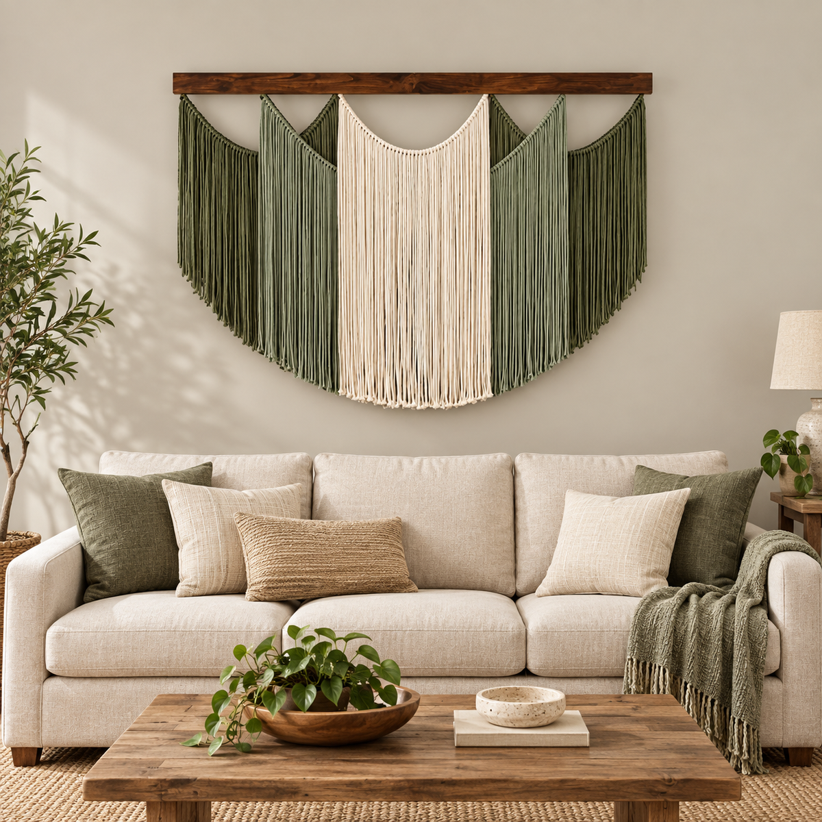 Living room above a sofa, shield panel, 4 colors, twisted cord, dark stained wood batten