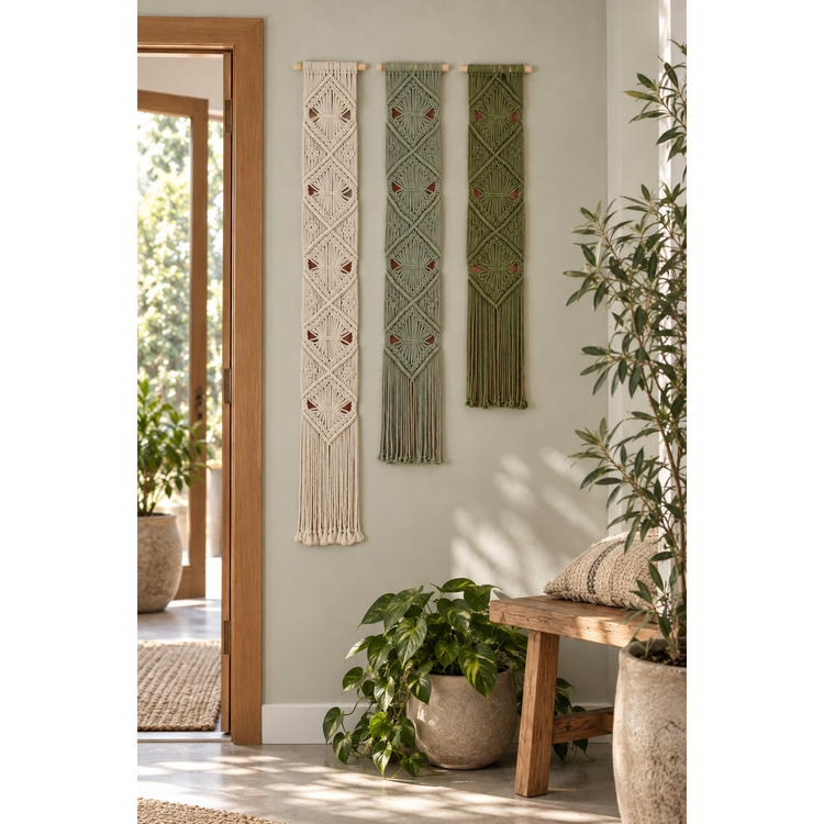 Three macrame banners hung beside a glazed door in a homestay entry hall