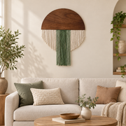 Homestay living room above a sofa, wood half disc in four fringe silhouettes