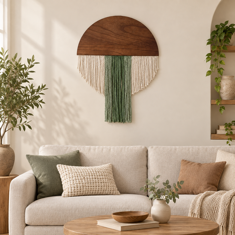 Homestay living room above a sofa, wood half disc in four fringe silhouettes