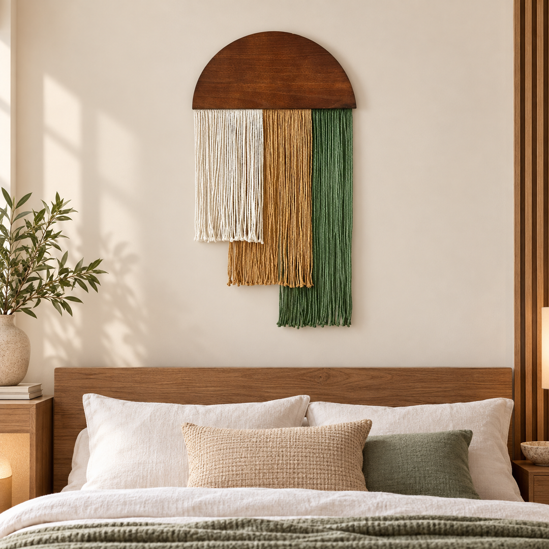 Hotel guest room above a bed, wood dome over three stepped fringe blocks