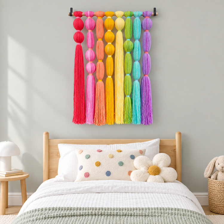 Kids bedroom above a single bed, rainbow tassel wall hanging