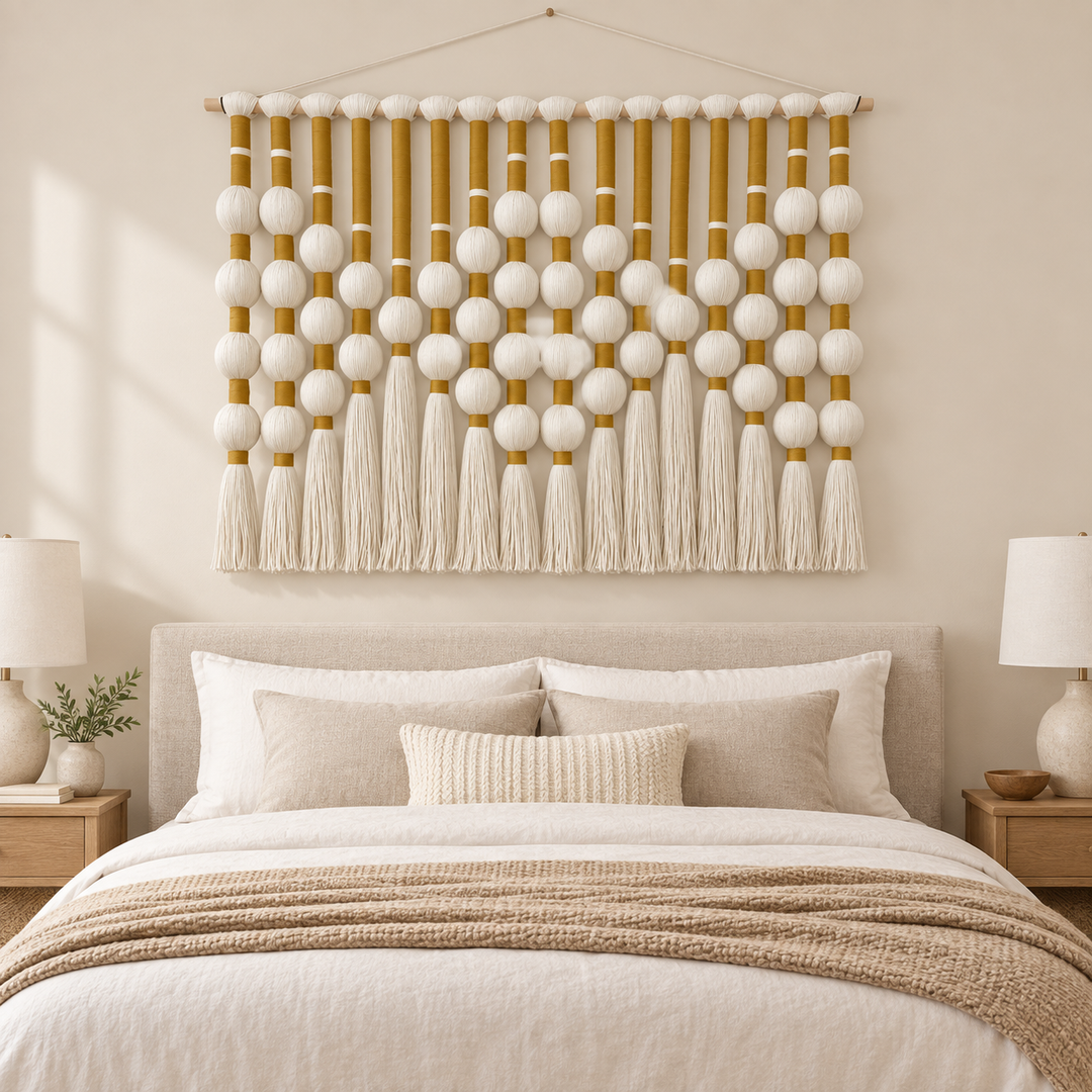 Large bedroom above a bed, bead grid and tassels, yarn-wrapped spheres, wrapped cord