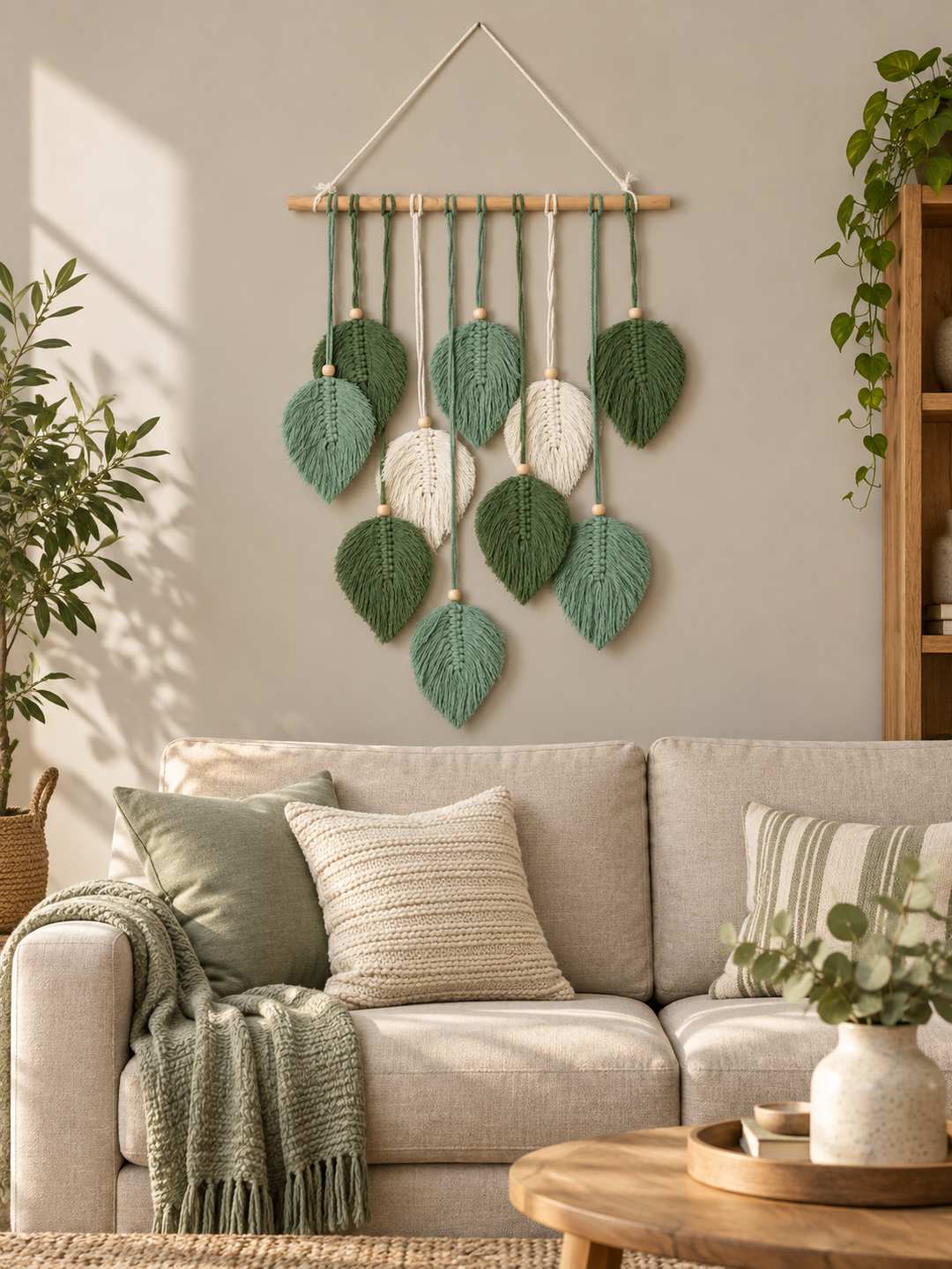 Macrame D7936, brown and cream leaf row, macrame leaf dowel in two designs, 75 to 96 cm