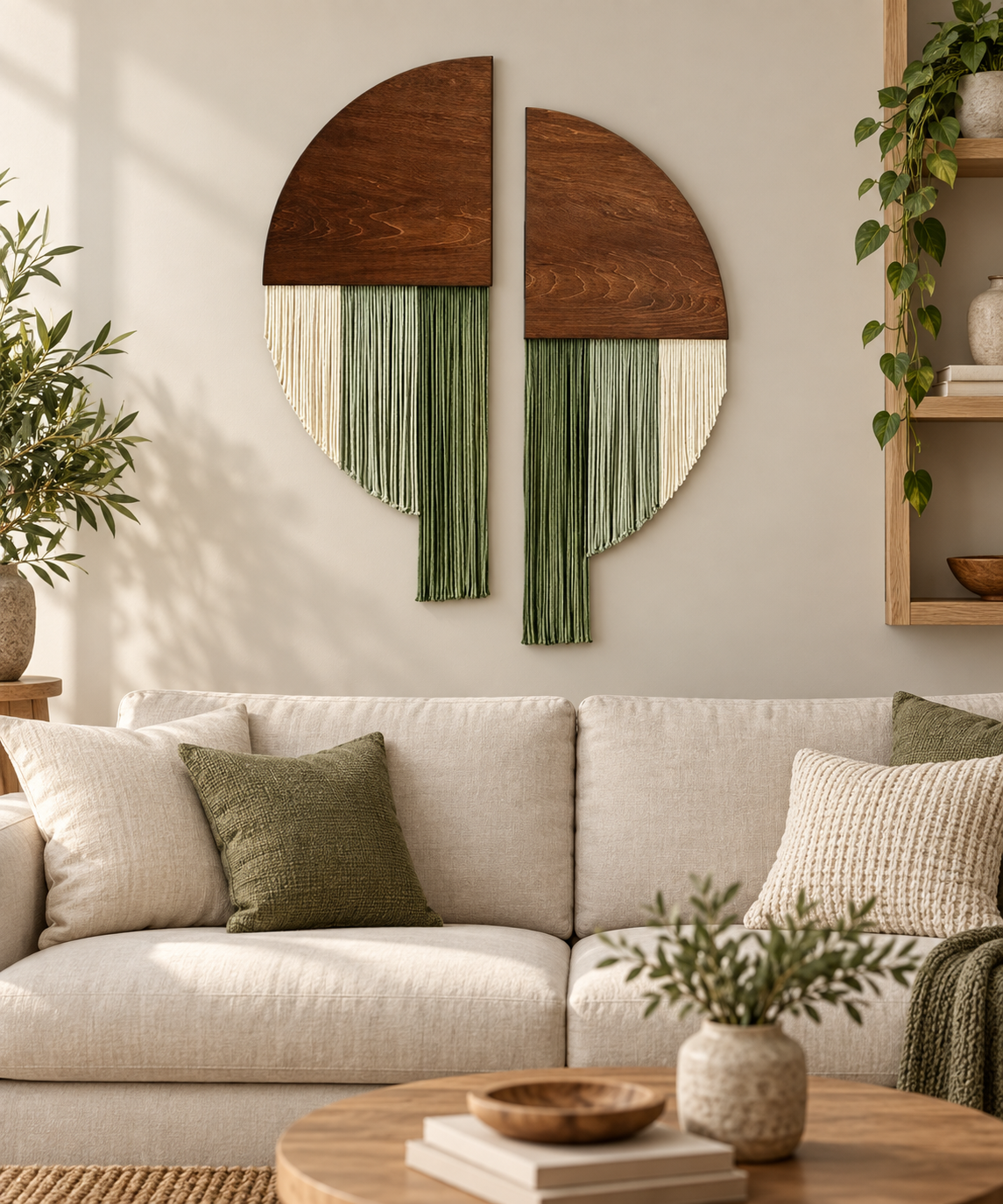 Two circular wall art pieces with dark wood tops and green and cream fringe details, displayed on a beige wall above a light-colored sofa in a styled living room.
