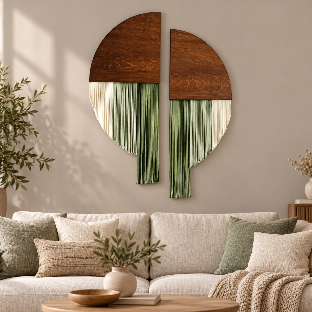 Living room above a cream sofa, split circle set of 2 in wood and fringe
