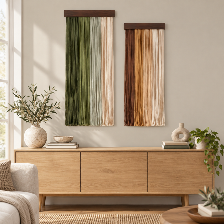 Stepped pair of fringe panels hung above an oak sideboard in a living room