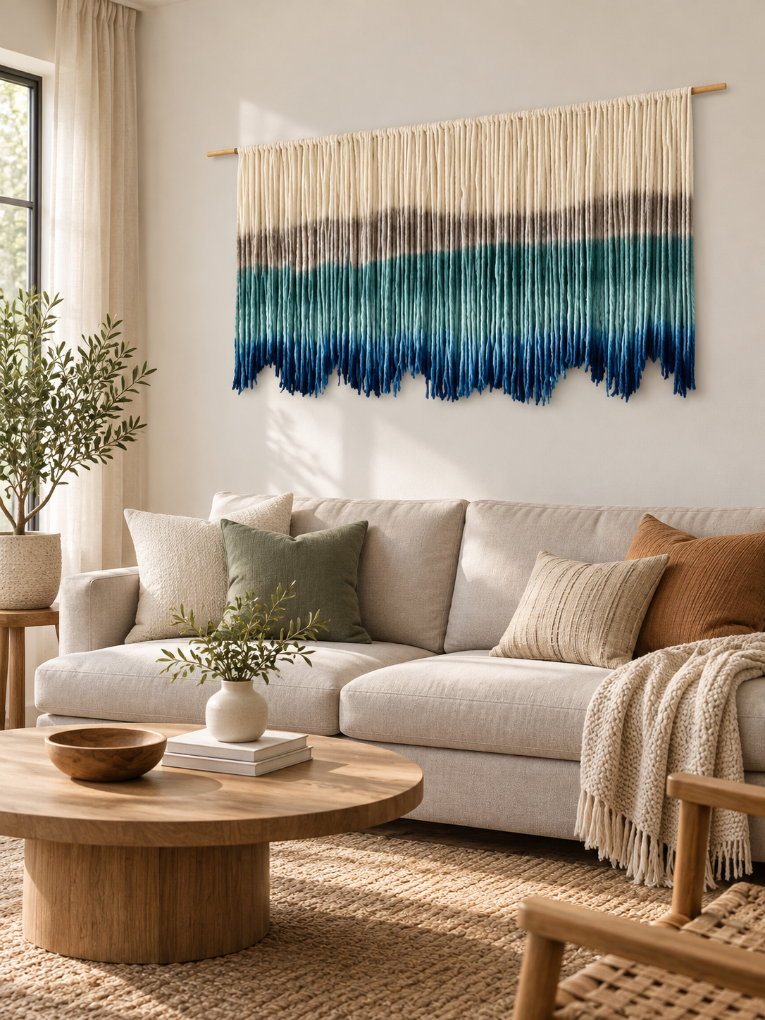 Living room above a sofa, dip dyed fringe, 5 sizes, fine twisted cord, natural wooden pole