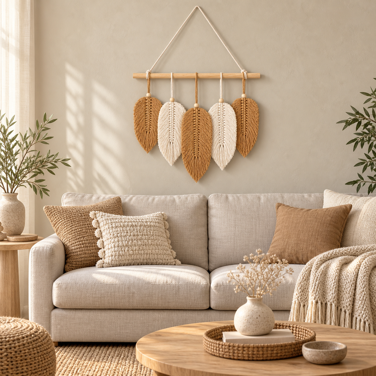 Macrame leaf cluster hung above a cream sofa in a neutral living room