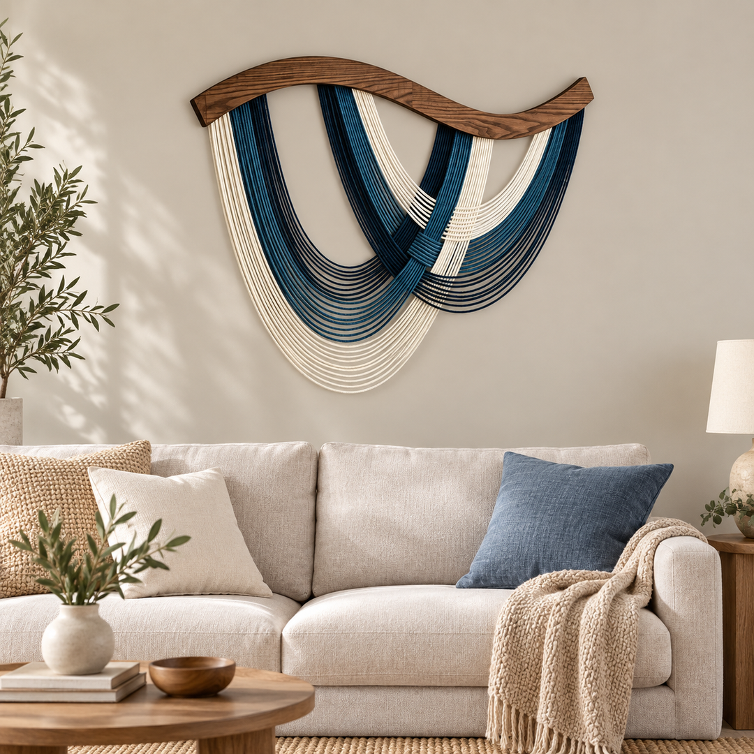 Living room above a cream sofa, crossed swags on wood, twisted cord, dark stained wave-cut wood rod