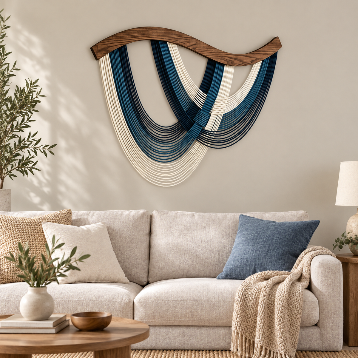 Living room above a cream sofa, crossed swags on wood, twisted cord, dark stained wave-cut wood rod