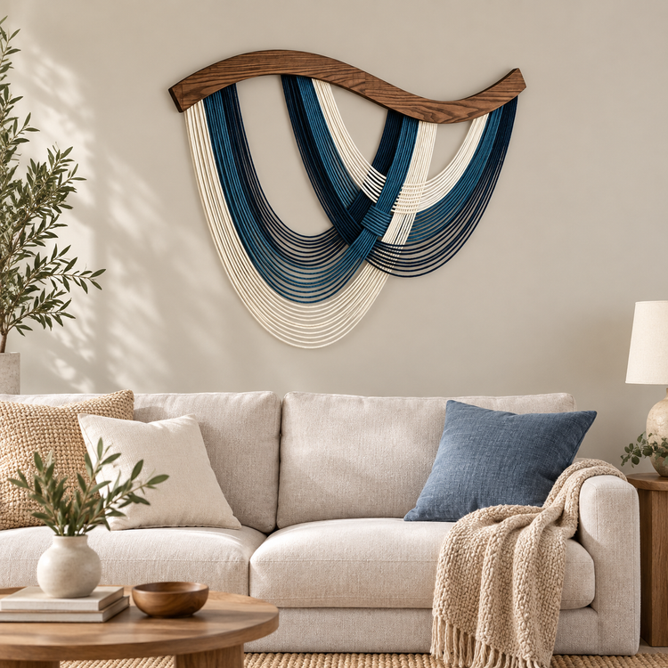Living room above a cream sofa, crossed swags on wood, twisted cord, dark stained wave-cut wood rod