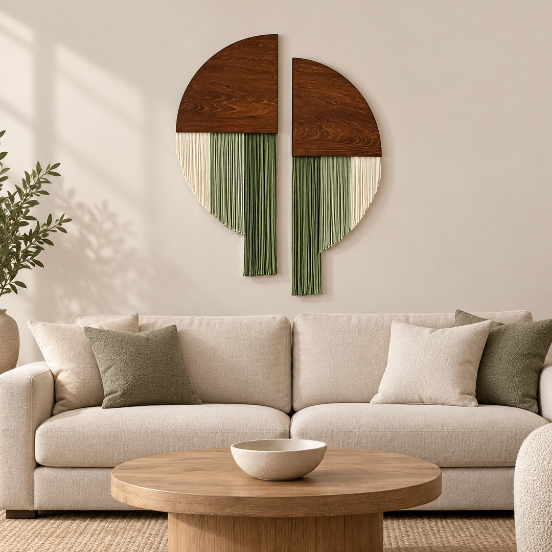 Split circle wood and fringe wall decor above a cream sofa in a living room
