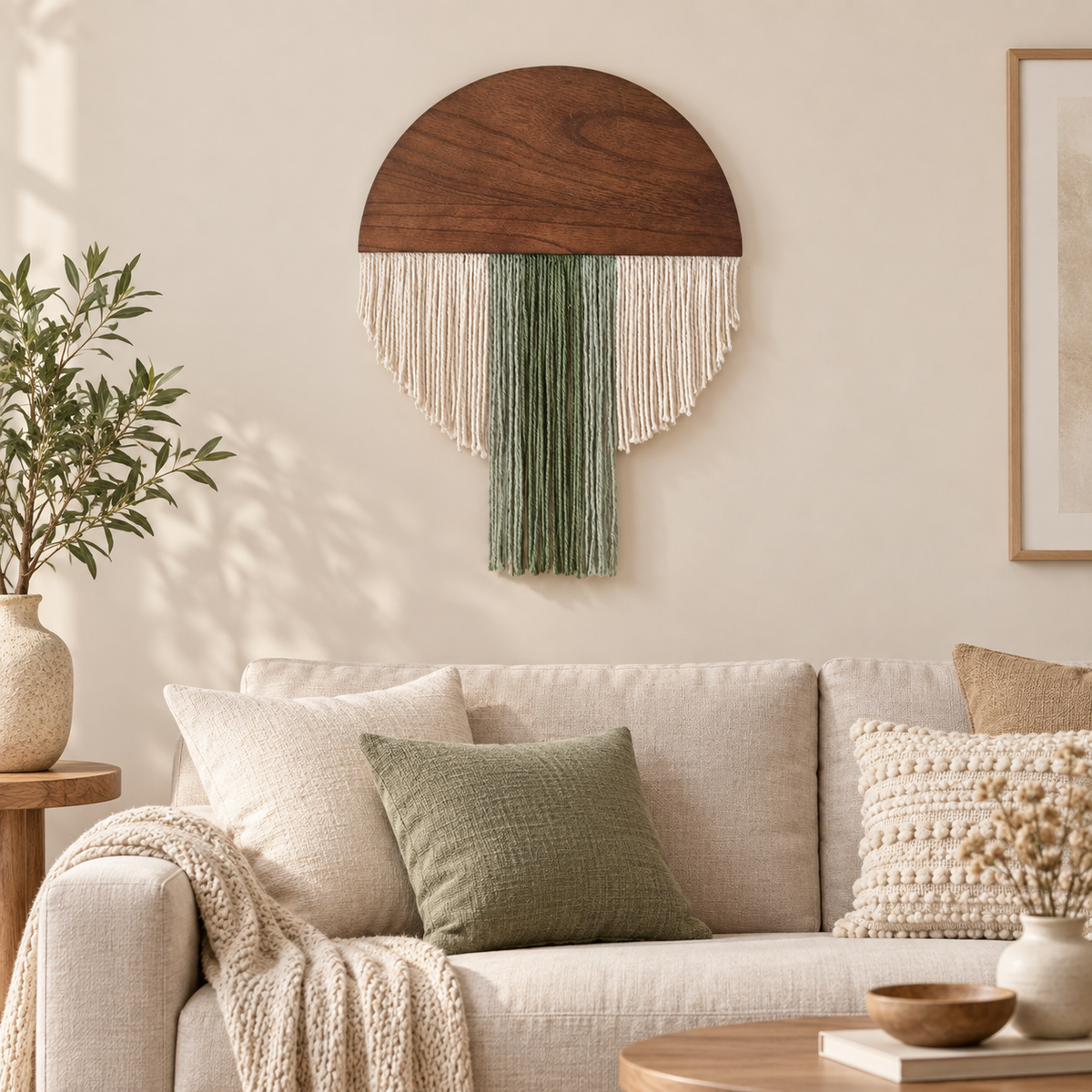Living room above a cream sofa, 40 x 40 or 40 x 50 cm wood and fringe disc