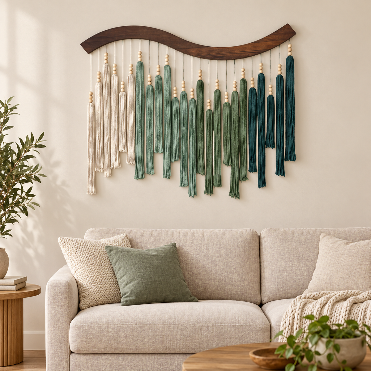 Living room above a cream sofa, wave cut pole with graded beaded tassels