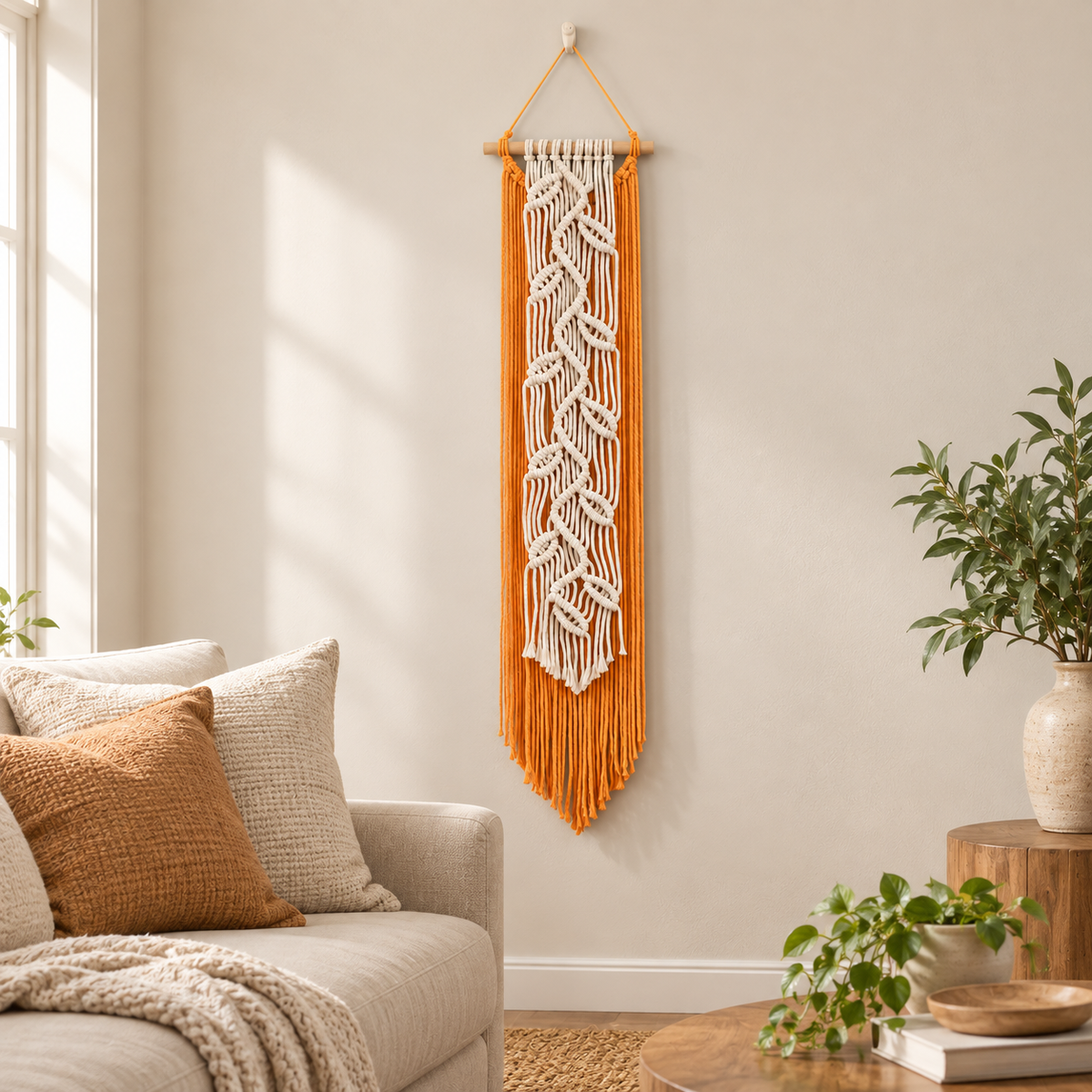 Orange leaf vine banner hung beside a sofa in a warm neutral living room