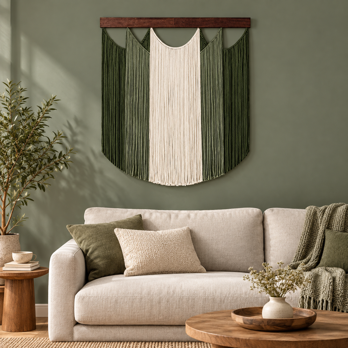Living room above a cream sofa on a sage wall, scalloped bands on dark wood
