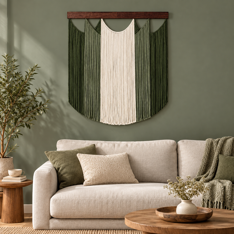 Living room above a cream sofa on a sage wall, scalloped bands on dark wood