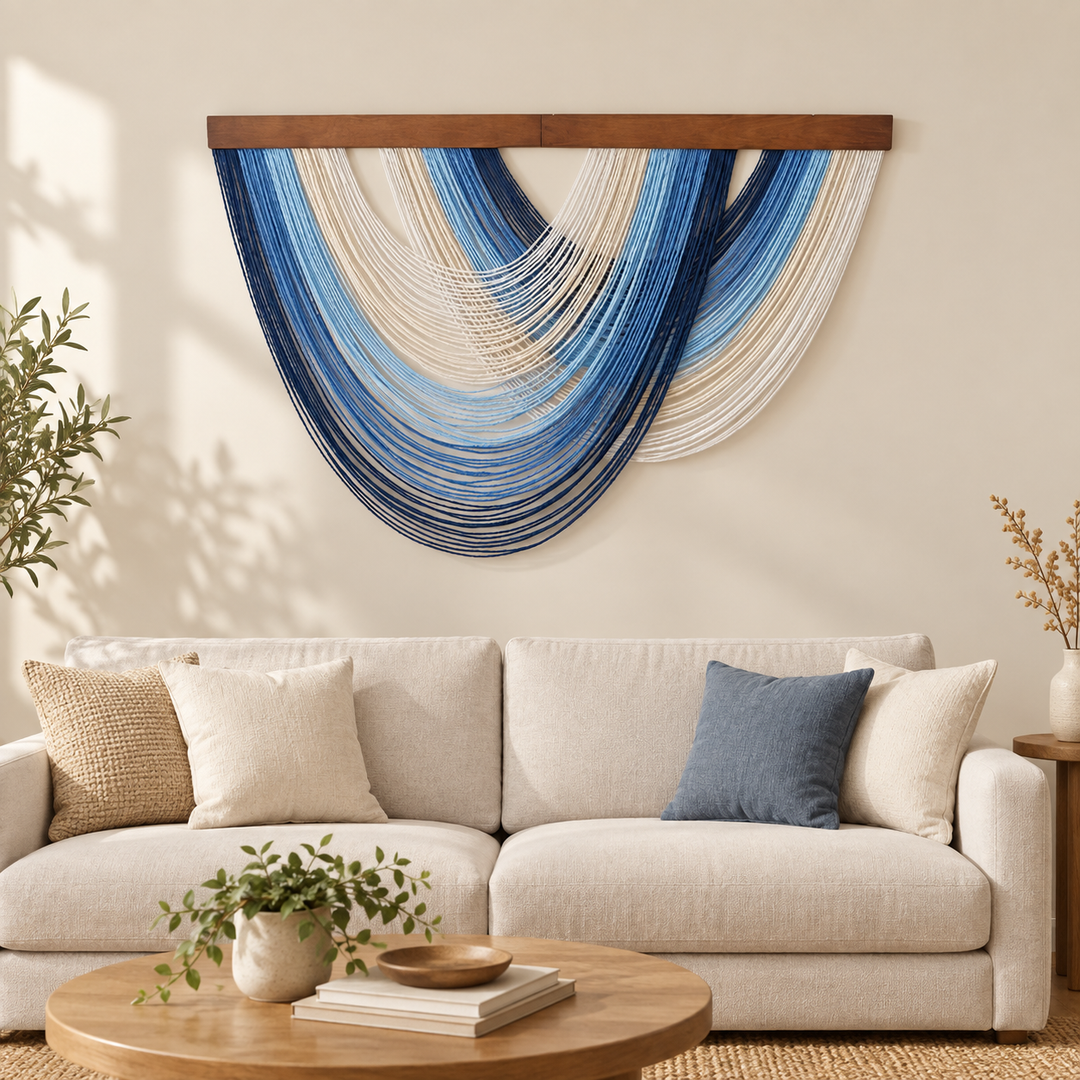 Living room above a cream sofa, graded swag fan in four colorways