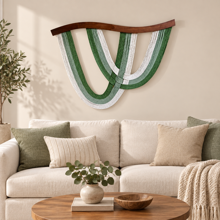 Curved batten rope arc wall decor above a cream sofa in a living room
