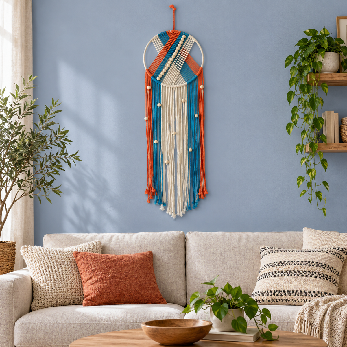 Living room above a sofa on a blue wall, beaded hoop with chevron and fringe