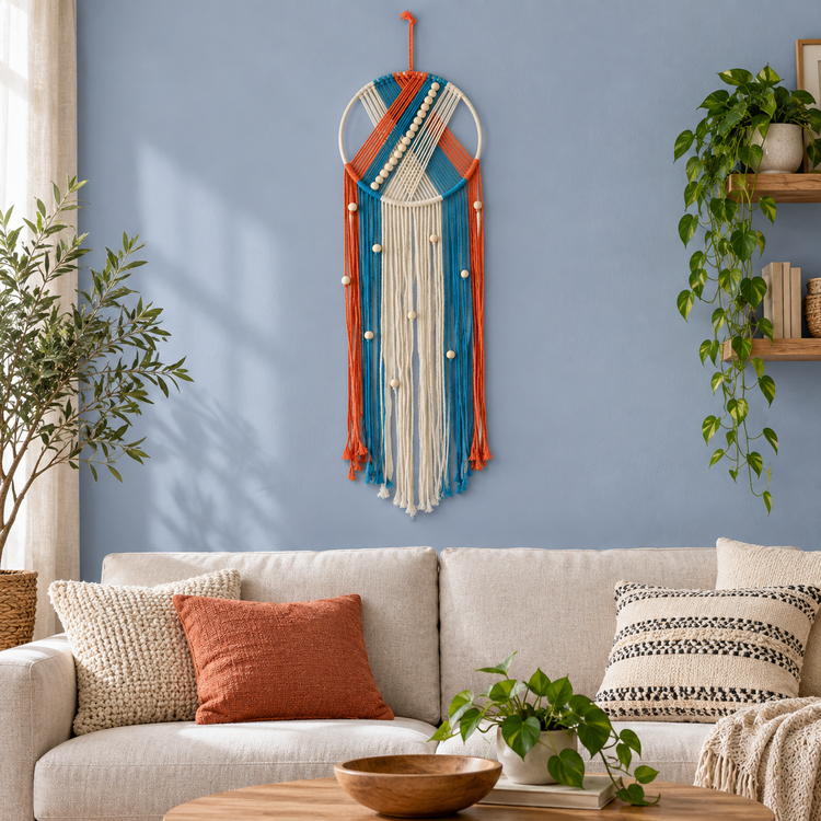 Living room above a sofa on a blue wall, beaded hoop with chevron and fringe