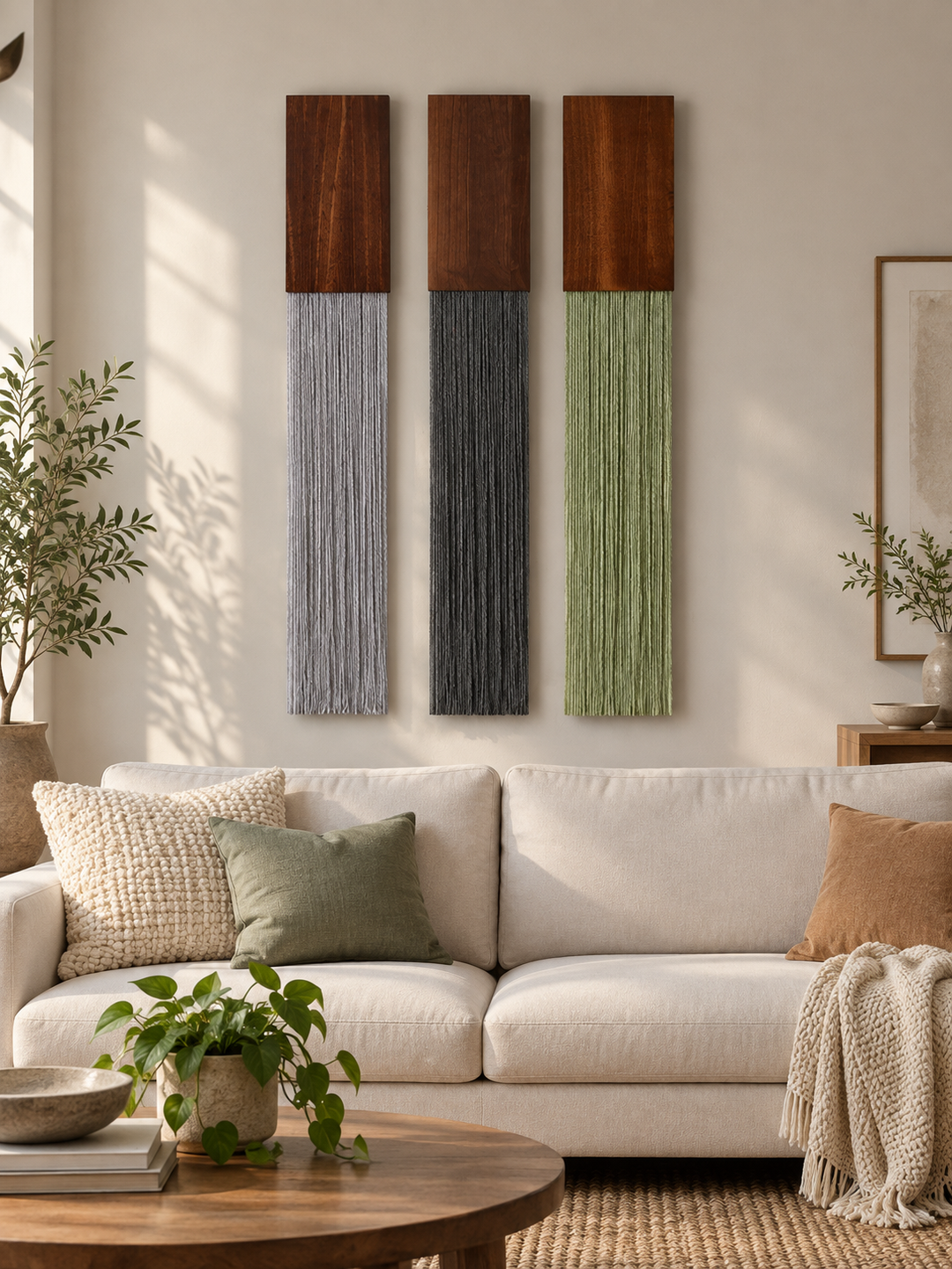 Living room, three strips above a sofa, strips, set of four, stained hardwood block, fine twisted cord