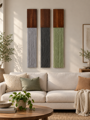 Living room, three strips above a sofa, strips, set of four, stained hardwood block, fine twisted cord