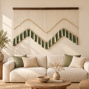 Living room above a cream sofa, zigzag bead and tassel curtain