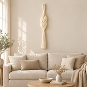 Living room above a cream sofa, plaited rope column in cream