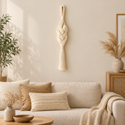 Living room above a cream sofa, braided rope wall pendant, heavy three-strand twisted rope