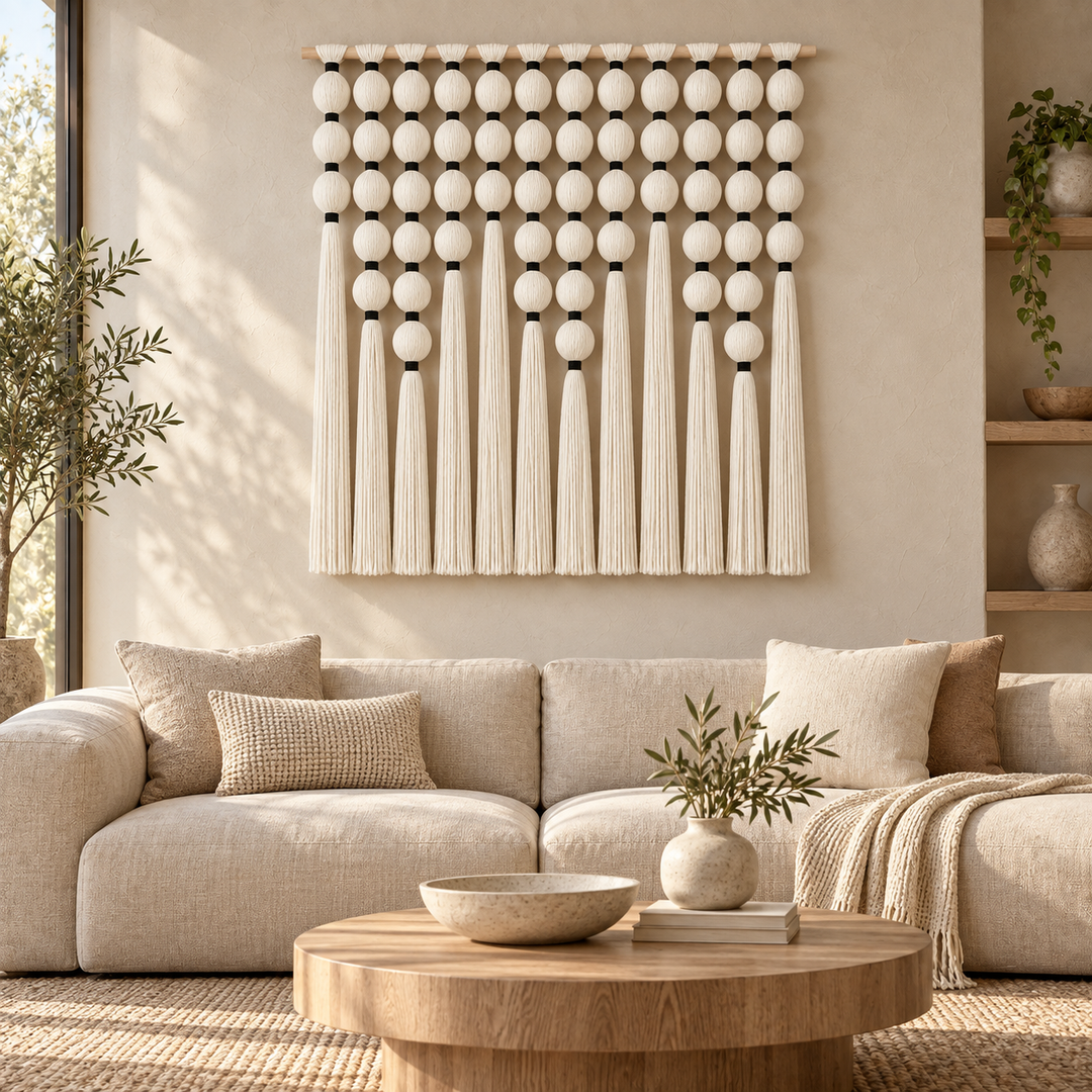 Large sphere grid wall hanging above a cream sofa in bright daylight