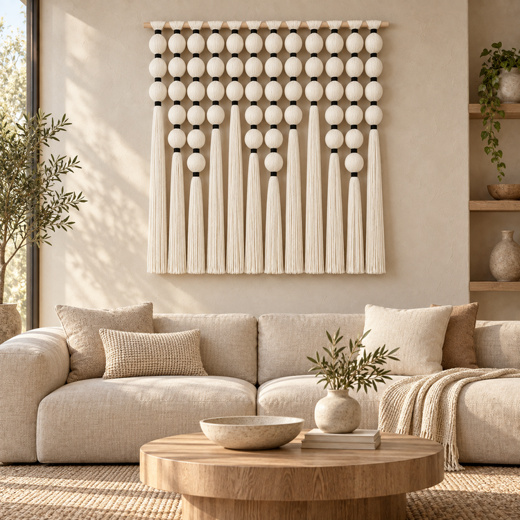 Large sphere grid wall hanging above a cream sofa in bright daylight