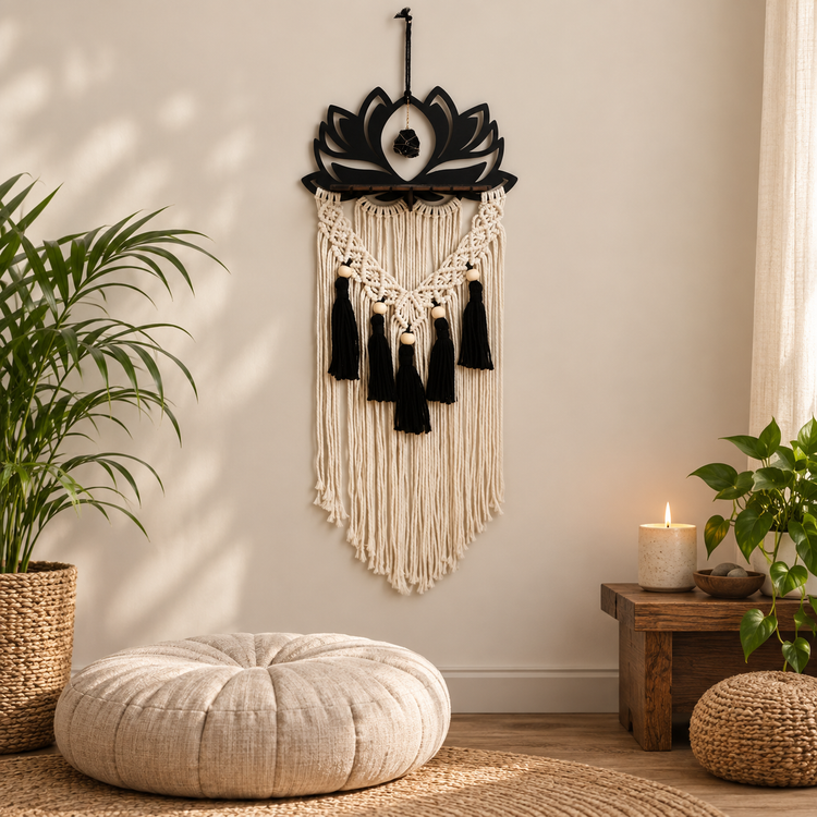Lotus macrame wall hanging above a floor cushion in a meditation corner