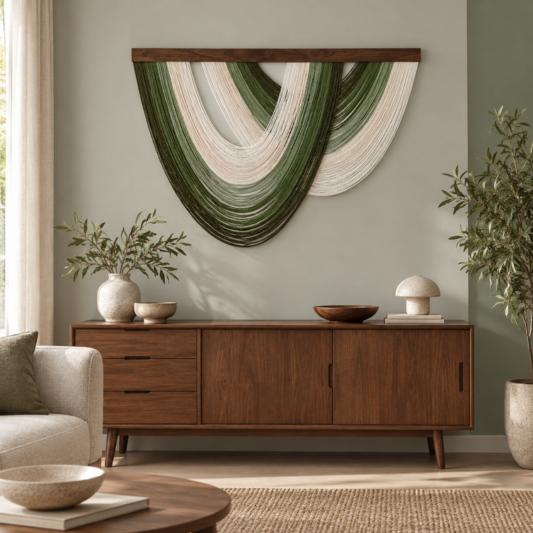 Green nested arch wall hanging above a walnut mid century sideboard