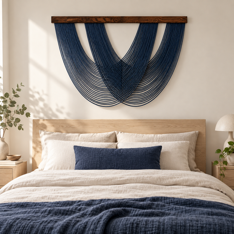 Large indigo swag wall hanging centered above a wooden bed headboard
